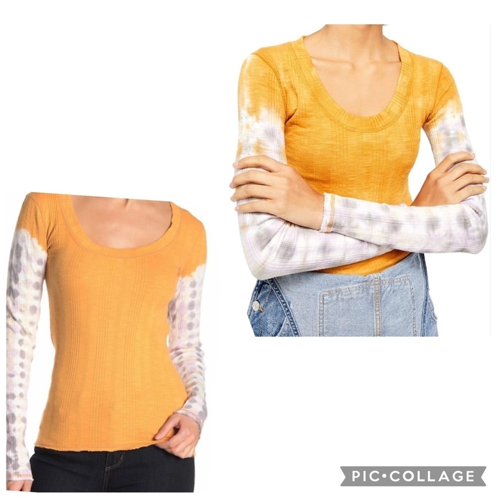 WE THE FREE PEOPLE Women’s Gold Combo BIG SUR Ribbed Tie Dye Long Slv Tee Size S